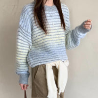 Retro Gradient Color Round Neck Striped Sweater Loose Long Sleeve Knit Top