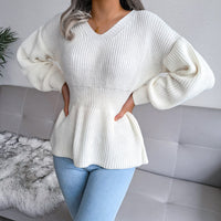 Women's Lantern Sleeve Waist-Defined Hem Ruffle Knitted Sweater