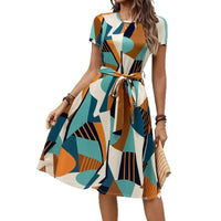 Womens Loose-fitting Dress With Short Sleeves A Crew Neck And A Belt