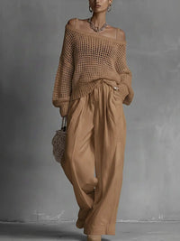 Womens Comfortable Hollow-Out Knitted Top And Linen Pants Two-Piece Set