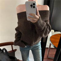 Women's Solid Color Retro Zipper Knitted Cardigan Off-shoulder Sweater