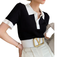 Contrast Color Polo Collar Ice Silk Knitted Short Sleeve T-shirt Women's Thin Top