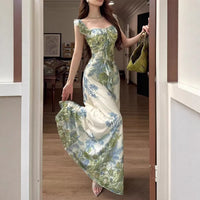 Ruffled Waistline Printed Backless Dress For Women