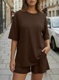 Round-neck Casual Loose-fitting Short-sleeve Shorts Womens Set