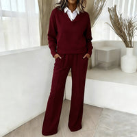 Casual Collar Long Sleeve Loose Top And Wide Leg Pants Two Piece Set