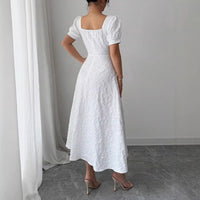 Elegant Jacquard Solid Color Puff Sleeve Square Neck Dress For Women