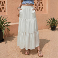 Cotton-linen Pocketed Midi Skirt With A High Elastic Waistband