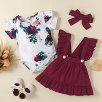 Flower Printed Short Sleeved Top With Straps Skirt Headwear Three Piece Set