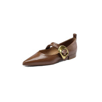 French Style Pointed Toe Shallow Mouth Low Heel Buckle Leather Shoes