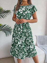 Women's Elegant Floral Print Short Sleeve Flowy Pleated Dress