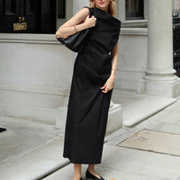 Black Slim-fit Irregular Elegant Shoulder-off Sleeveless Dress For Women