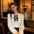French Chic Crew-Neck Top With Bow Detail Pullover Style