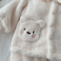 Child Bear Embroidery Suit Warm Furry Coat Trousers Two-piece Set
