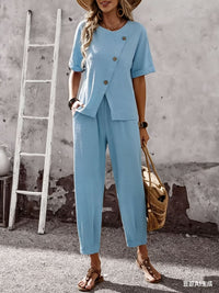 Elegant Buttoned Short-Sleeve Pants Casual Two-Piece Set