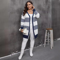 Contrast Color Striped Stitching Woven Casual Sweater Coat
