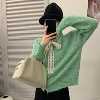 New Lace Lace-up Round Neck Heart Buckle Long Sleeve Plush Knitted Cardigan