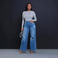 Women's Ripped High Waist Loose Straight Wide Leg Jeans