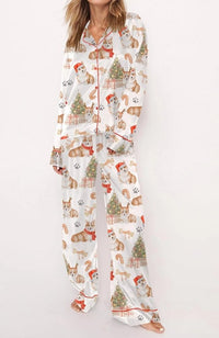 Fashionable Long-sleeve Printed Lapel Loungewear Pajamas