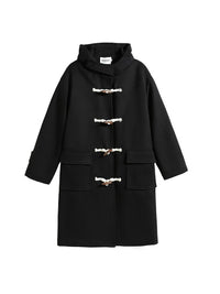 Long Black Toggle Button Wool Coat Women's Woolen Coat