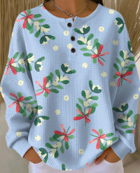 Womens Printed Three-Button Stand-Up Collar Sweatshirt Top