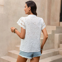 Solid-color Casual Everyday V-neck Shirt Woven Water-soluble Floral Blouse For Women