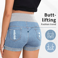 Simple High-Waisted Belly-Support Maternity Denim Shorts