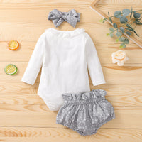 Lace Collar Long Sleeve Rombo Bow Shorts Three Piece Set