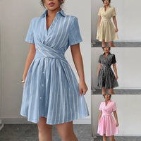 Strap-waisted Striped Shirt-style Short Dress