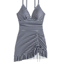 Black-and-white Plaid Ruffled Hem Halter-style Bottomed One-piece Swimsuit