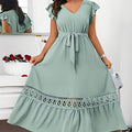 V-neck Womens Solid-Colored Lace-Patchwork Short-Sleeve Dress