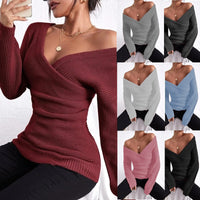 Crew-neck Off-shoulder Casual Cross-over Fitted Knit Sweater
