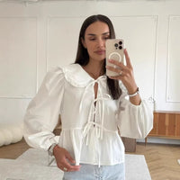 Stylish Work-appropriate White Lace-up Shirt Crafted From Premium Cotton Fabric