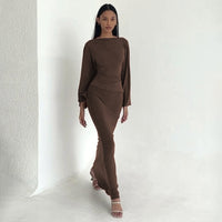 Elegant Loose-Fitting Defined-Waist Long-Sleeve Top And Skirt Set For Women