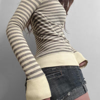 Design Sense V-neck Striped Slim-fit Long-sleeved Top