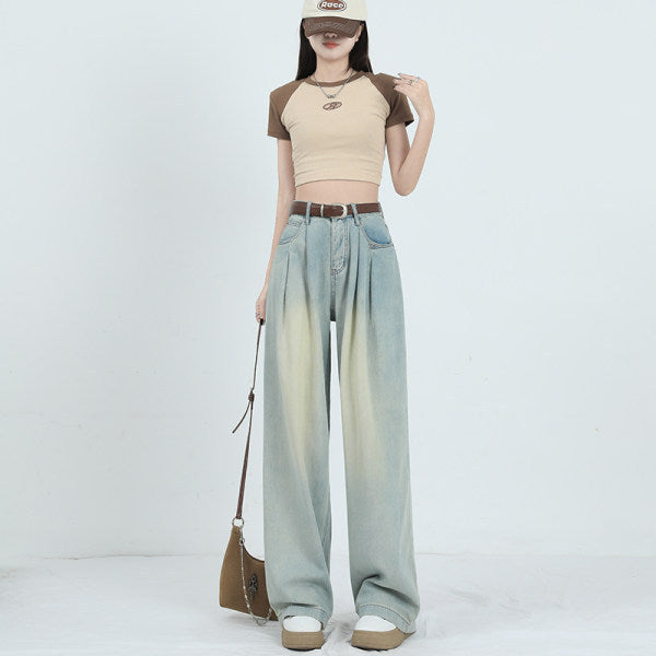 Korean Style Wide-leg Jeans High Waist Loose Pleated Straight Mop