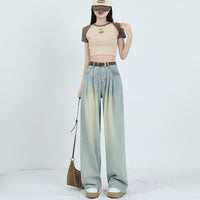 Korean Style Wide-leg Jeans High Waist Loose Pleated Straight Mop