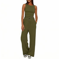 Sleeveless Crewneck Pleated Vest And High-waisted Wide-leg Pants Set
