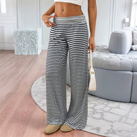 New Chic Low-rise Casual Homewear Color-block Striped Wide-leg Pants