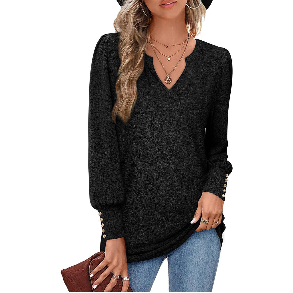 Women's Sweater Solid Color And V-neck Casual Waist Puff Sleeve Button Long Sleeve Top