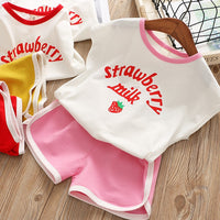 Girls Korean Strawberry Print Tank Top Shorts Two-Piece Set