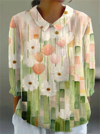 Summer Lapels Women's Long Sleeve Creative Retro Floral Japanese Simple