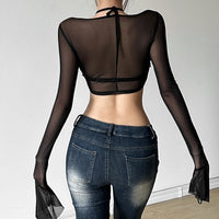 Spring Women's Solid Color Slim Fit Midriff-baring Fashion V-neck Voile T-shirt