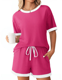 Solid-color Ribbed Patchwork Color-block Pajama Short-sleeve Loungewear Set