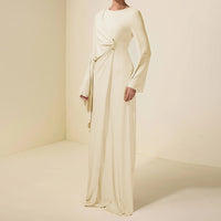Crew-neck Asymmetrical Ruffle Long-sleeve Apricot Dress