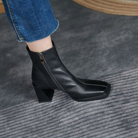 Womens Stylish Short Boots With A Square Toe And Chunky Heel Womens Fashion Boots With A Side Zipper Leather Boots