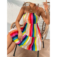 Rainbow Striped Lace Up Slip Dress