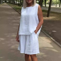 Women's Cotton-Linen Crew-Neck Sleeveless Casual Set