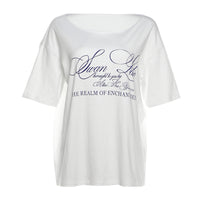 Womens Street-Style Letter-Print Off-Shoulder Short-Sleeve Loose Blouse