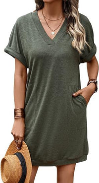 Summer New Style Casual V-Neck Pocket Short-Sleeve Womens Dress