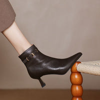 All-leather Fashion Boots Top-layer Sheepskin Stiletto Heel Pointed Toe Side Belt Buckle Chic Retro High Heels
